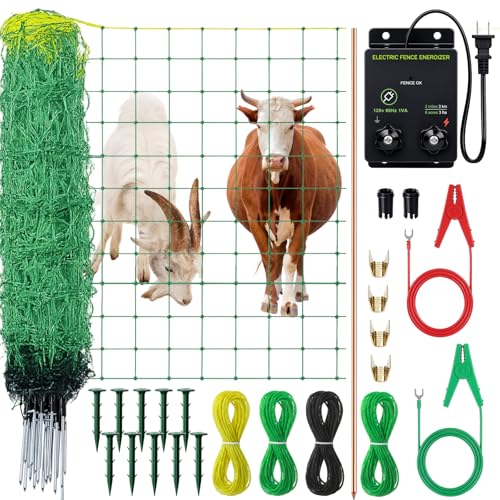 3 Pack 164'l x 42.5" H Electric Fence Netting Movable Livestock Nets PE Net Fencing Kit with Fence Charge 14 Posts Double Spiked Grounding Rod for Sheep Hog Backyards Homesteader Farm Ranche