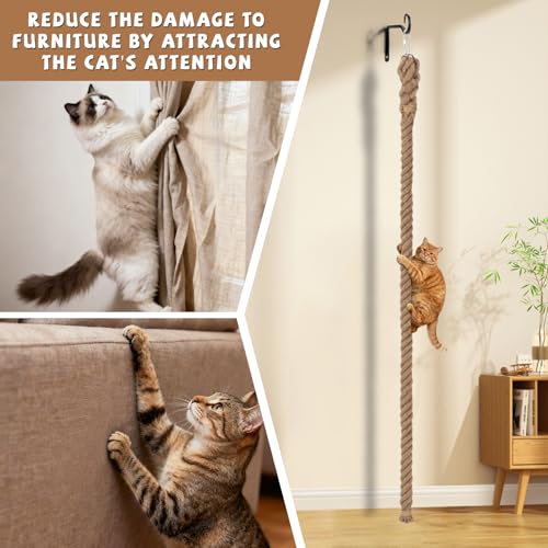 Hanging Cat Climbing Rope, 2 in x 4.92 ft Jute Rope with Hook | 5 cm x 1.5 m Rope, Natural Jute Texture, Wall or Ceiling Mount, Hook and Hardware, Scratch and Climb Use, Indoor Cats - size: 4.92FT