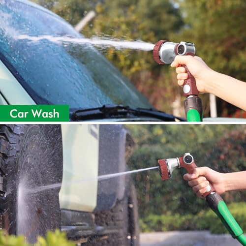 RESTMO Heavy Duty Hose Nozzle, Metal Garden Water Hose Sprayer | 7 Watering Patterns, Thumb Control, On Off Valve, Leak Proof Nozzle Sprayer for Watering Plants, Car & Pet Washing, Red - color: Red