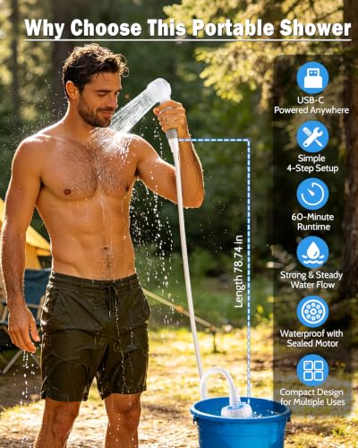 Subtoy Portable Camping Shower Pump, USB-C Rechargeable Shower Head Sprayer with 3 Modes, Pumps Water from Bucket, Shower Pump for Travel, RV, Pet Bath, Beach, and Emergency Use (+ Mesh Bag)