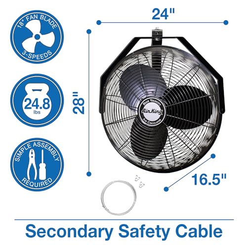 Air King 9518 18-Inch Industrial Grade Wall Mount Fan, 1/6-Horsepower,Black - style: Fan