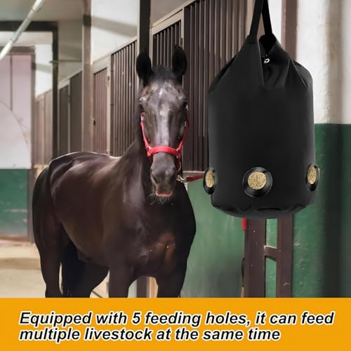 2 Pack Goat Hay Feeder, Slow Feed Hay Bag for Horses, Sheep, Donkey, Cows, Alpacas and Ostriches, Premium Oxford Waterproof Fabric, Circle Leather Reinforced 5 Open Feeding Hole for Resist Biting