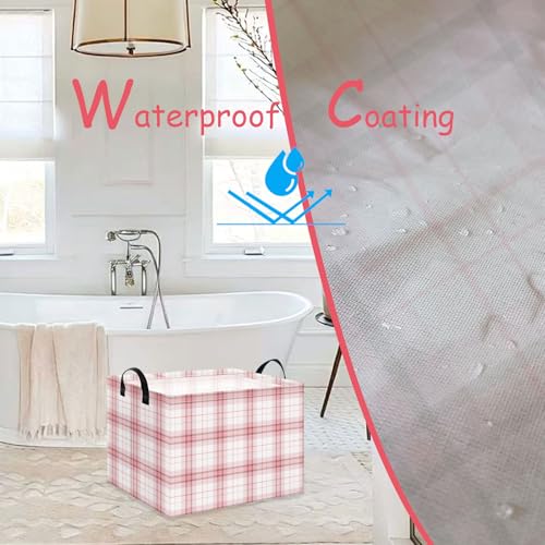 Pink Plaid Waterproof Multipurpose Foldable Storage Cift Basket with Leather Handle,Baby shower,Home,Picnic,Trunk(Pink Plaid) - color: Pink Plaid