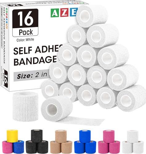 AZEN 16 Pack Self Adhesive Bandage Wrap Pink, 2" X 5 Yards Elastic Cohesive Bandage Wrap, Athletic Tape, Vet Wrap, Ankle Tape, Tattoo Grip Tape Wrap (White) - color: White, size: 2IN - 16Pack