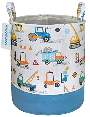 Round Thick Laundry Basket Collapsible Organizer Boys Engineering Car | Canvas Foldable Storage Hamper Sturdy Rope Handles for Household Gift Baskets Bedroom Clothes Toys Children Nursery - color: Thick Engineering Car