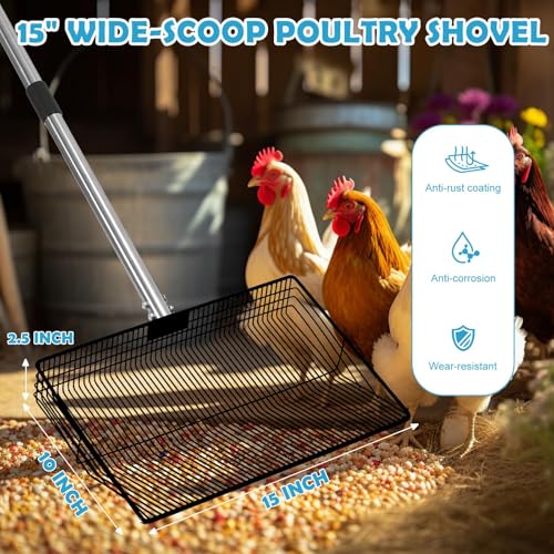 15" Large Chicken Coop Scooper for Sand - Heavy Duty Stainless Steel Poop Scooper with 38-64" Telescoping Handle - Adjustable Poultry Manure Rake & Sifter Shovel for Easy Cleaning