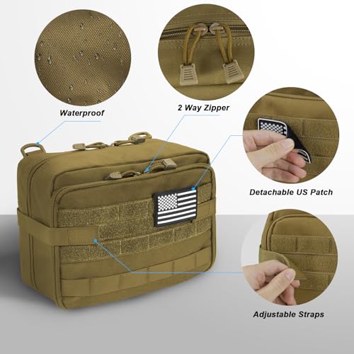 Jueachy Tactical Molle Pouch Large Admin Bag Utility Tool Pouches Molle Attachment EDC Pouches Expandable Molle Accessories Organizer Medical Pocket U.S.A Patch Included - color: Tan