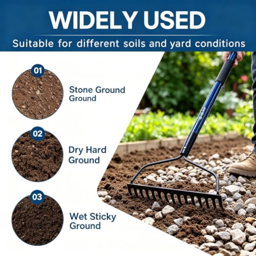 WIKER Heavy Duty Steel Garden Rake, 57 Inch Fiberglass Long Handle with 14 Tempered Tines, One-Piece Non-Slip Yard Rake for Soil, Gravel, Leaves, Gardening & Landscaping