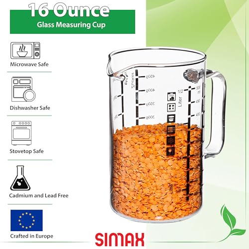 Simax Glass Measuring Cup, 16 Ounce Durable Borosilicate Glass, Easy to Read Metric Measurements, Liter, Milliliter, Ounce, Sugar Grams, Flour Grams, Drip Free Spout, Microwave and Dishwasher Safe - size: 16 Ounce