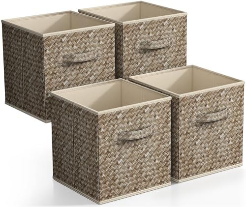 Sorbus 11 x 11 Storage Cubes, Foldable Fabric Bins (4 Pack, Woven Beige) | Toy bin with carry handles and collapsible design keeps books, clothes and playroom essentials sorted in cubbies and closets. - color: Woven Beige