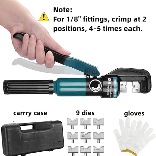 Hydraulic Crimping Tool for 1/8"-3/16" Cable Railing Kits, 10-Ton Crimper | 9 Hardened Dies, One-Hand Use, Hydraulic Crimper for Cable Railing Hardware, Wire & Battery Cable Crimping 12-2/0 AWG DC01 - color: Silver