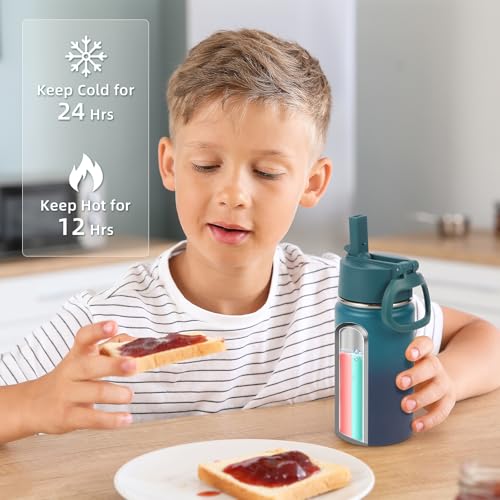 Volhoply 14oz KIds Stainless Steel Insulated Leakproof Bottles Water Bottle with Straw Lid and Silicone Boot,BPA-Free Easy Use for Boys&Girls,Double Wall Vacuum Bottles(Dark Night,1) - color: Dark Night