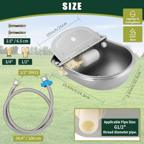 Automatic Animal Drinking Water Bowl, Livestock Waterer | Float Valves, 304 Stainless Steel, 39" Pipe Hose, 1/2" to 3/4" Adapter, Water Trough for Dog, Horse, Goat, Pig, Cow