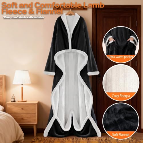 Wearable Heated Blanket With Sleeves & Foot Pocket, Heated Throw Blankets Fast Heating Blanket With 10 Heat Settings Auto Shut Off Over-Heat Protection-Warm Gift, Machine Washable, 52”*72”+18” - color: Black