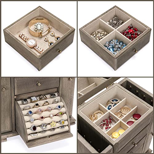 Emfogo Jewelry Box for Women, Rustic Wooden Jewelry Boxes & Organizers with Mirror, 4 Layer Jewelry Organizer Box Display for Rings Earrings Necklaces Bracelets (Weathered Gray) - color: Weathered Gray
