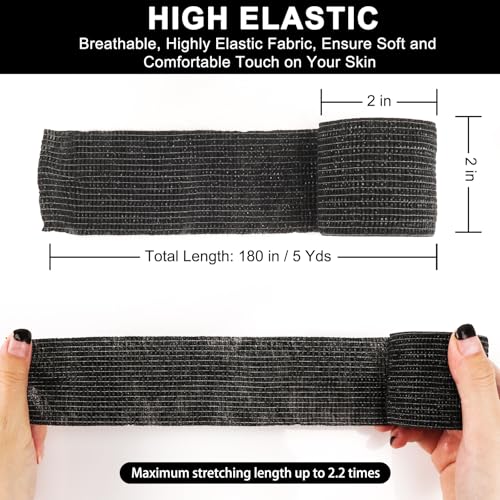 48 Pack Self Adhesive Bandage Wrap, 2” x 5 Yards Cohesive Medical Tape Elastic Grip Tape Black Sports Tape Athletic for Ankle, Wrist Sprains, Pet First Aid (Black) - color: Black