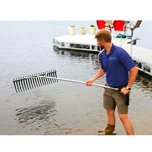 Rake Zilla | Extra-Large Heavy-Duty Lake and Pond Aquatic Weed Rake – 40" Wide Head with 9" Tines | Includes Detachable Float Kit & 25 ft Rope for Scooping, Skimming, and Easy Cleanup in Lakes & Ponds - size: 11 ft handle