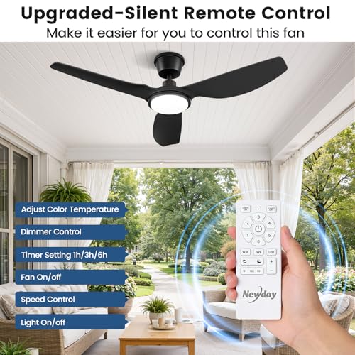 Newday 52 Inch Black IP66 Waterproof Outdoor Ceiling Fan with Light Remote | 3CCT dimmable LED, 9000CFM quiet DC, weatherproof heavy-duty airflow, high wind cooling for gazebo, patio, porch, pergola - size: 52 Inch