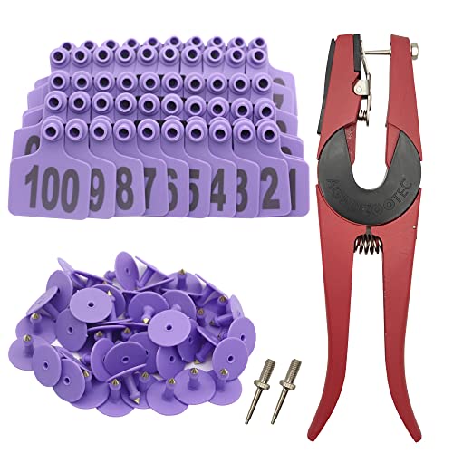 Cattle Ear Tags 001-100, 100Pcs Plastic Livestock Ear Tag for Cows Goats Sheep Pigs with Pliers Applicator & 2 Pins, Animal ID Tags for Ranch Farm Herd Tracking, Laser Print (001-100, Purple) - color: Purple