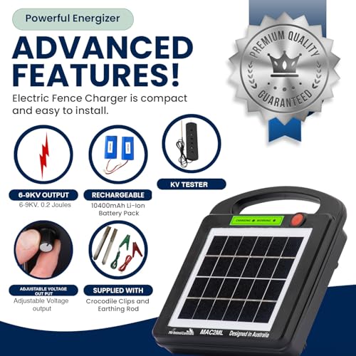 My Animal Command Solar Power Electric Fence Energizer Charger 0.2 Joules | Lithium Ion Battery, Containment, Protection, Livestock, Pet, Horses, Cattle, Sheep, Earthing rod included - size: Mini MAC2ML 0.2 Joules