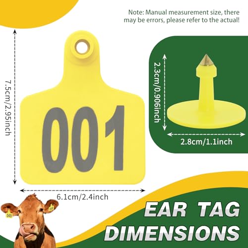 100PCS Cattle Ear Tags Numbered 001-100,Plastic Livestock Ear Tags with Animal Identification Tags for Cattle Cows Hogs Pigs Sheep Goats (Yellow) - color: YELLOW