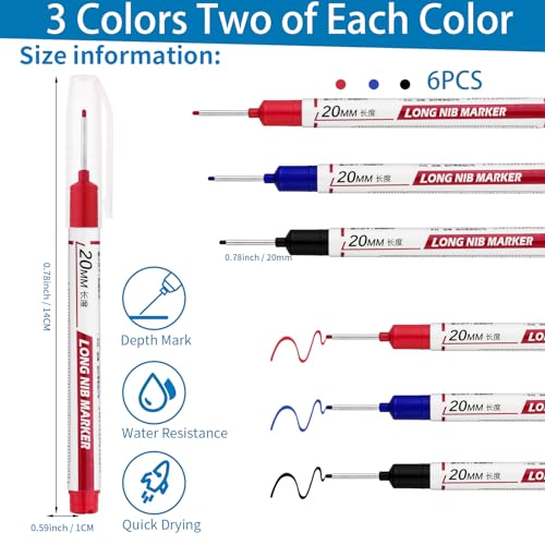 6 PCS Long Head Deep Hole Marker Pens,20mm Long Nib Marker, Longs Nose Markers, Waterproof Construction Markers Marking Tool,Permanent Markers Carpenter Ink marker Pens,Metal marking Pens 02 - color: 6PCS-20MM-Red/Blue/Black