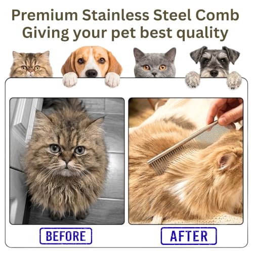 Dog Comb – Stainless Steel Metal Comb for Dogs with Rounded Ends | Cat Comb for Removing Tangles and Knots | Dog Grooming Comb for Dog Cat and Pets | Groom Like a Professional