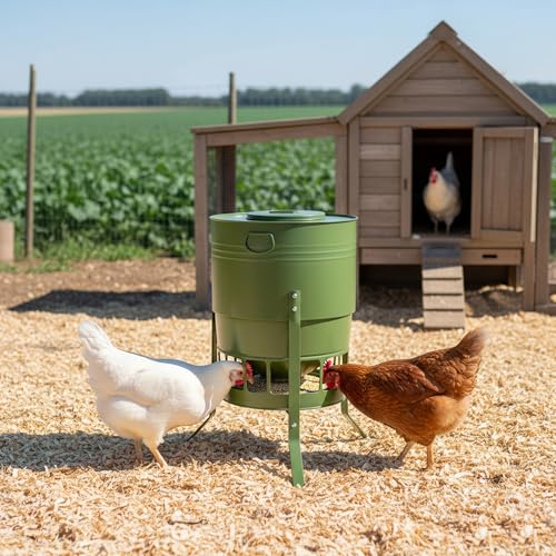 KOL Chicken Feeder No Waste for Coop & Outdoors, 16 Port 50lbs Poultry Feeder with Spill-Control Design, Rust-Proof Powder Coated Metal & Smooth Safe Edges (Avocado Green) - color: Avocado Green