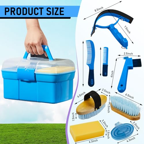 Cunhill 9 Pieces Horse Grooming Kit with Organizer – Curry Comb, Hard & Soft Brushes, Hoof Pick, Sweat Scraper, Sponge – Grooming Supplies for Horses, Riders & Beginners