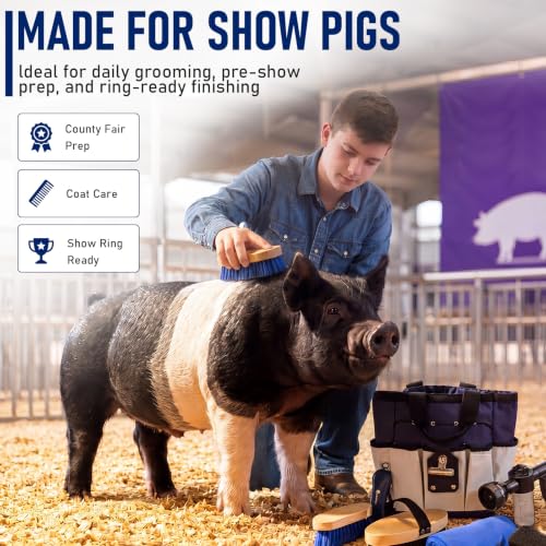Thenshop Show Pig Supplies Starter Kit 8 Pcs, Swine Grooming Set with Foam Sprayer Pig Brushes 600d Tote Bag Microfiber Towel Leather Number Holder for County Fair Livestock Competition