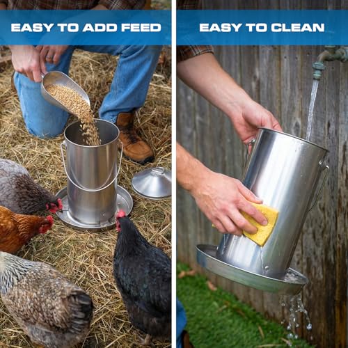 Plexon 8.8 Lb Hanging Chicken Feeder Metal Chicken Feeder with Handle no Waste Food - Stainless Steel - Turkey Duck Poultry Feeder - Heavy Duty Feeding Equipment - Backyard Coop - Large - size: 8.8 LB