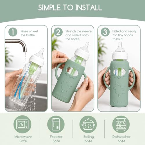 4 Pack Silicone Sleeves for Dr. Brown's Glass Baby Bottles -Drop Protection Easy-Grip Baby Bottle Sleeves Holder with Handles, Compatible with Dr. Brown's Newborn Glass Bottles 8 oz/250 mL - color: Green 4 Pack 8OZ