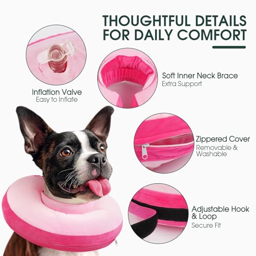 Kuoser Inflatable Dog Cone Collar, Dogs Donut Collar to Stop Licking, L | Soft Dog Cone Alternative After Surgery, Inflatable Pet Neck Pillow Comfortable Recovery E-Collar for Small Medium Large Dogs - color: Rose Latte, size: L (Neck: 15.7" - 19.6")