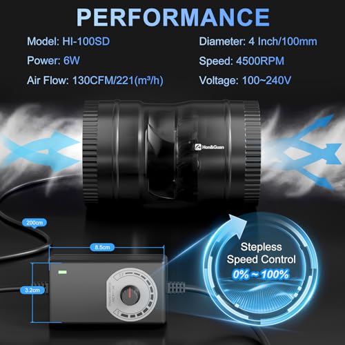 Hon&Guan 4 Inch Inline Booster Duct Fan with Speed Controller - 130 CFM Airflow with 6W Ultra-Low Power and Low Noise - size: 4 Inch