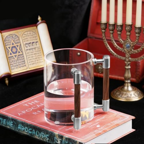 Judaica Hand Washing Cup for Netilat Yadayim with Dual Handles | Silver Alloy & Wooden Handles for Everyday & Passover Seder, Shabbat, Shul, Synagogue & Home-Unbreakable Clear - color: Silver Wood
