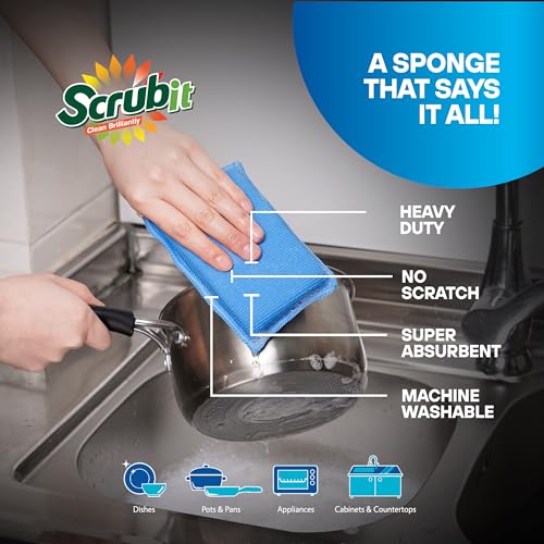 SCRUBIT Reusable Sponges for Dishes - 12 Pack Microfiber Sponges Kitchen Dish Scrubber, Machine Washable & Non-Scratch Scrubbers (Blue) - color: Blue