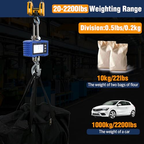 Digital Crane Scale,2200lb/1T Heavy Duty Digital Hanging Scale,Crane Scale Industrial with Remote Control and LCD Screen,High Precision Electronic Weighing Crane Scale for Market,Factory,Construction - size: 1T