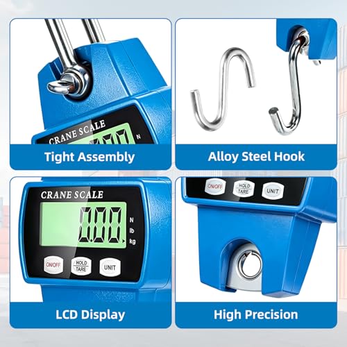 Digital Hanging Scale, 1100lb/500kg Crane Scale | Small Crane Scale with LCD Display and Hooks, Aluminum Alloy Body for Hunting, Outdoor, Fishing, Farm (Blue) - color: Blue-1100lb