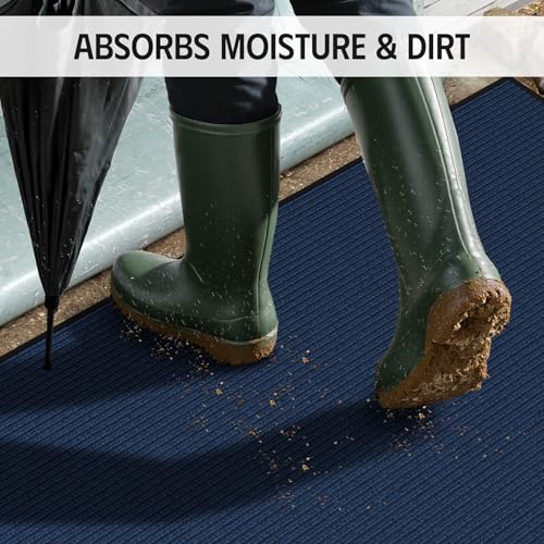 Dirt Trapper Door Mat 3' x 5', Non-Slip Heavy Duty Outdoor Mat, Absorbent Fade Resist, Low Profile Commercial Floor Mat, Durable Indoor Outdoor Front Door Mat for Mud Wet Shoes & Paws, Blue - color: Blue Striped, size: 3' x 5'