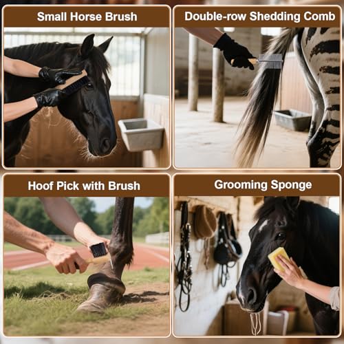 13-Piece Horse Grooming kit for Daily Care,Complete Horse Supplies Set with Wood Brushes, Tack Essentials, Curry Tools, and Practical Horse Accessories for Farm & Stable Use