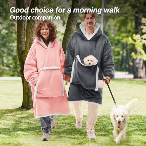 JOYWOO Wearable Blanket Hoodie, Birthday Gifts for Women Men Mom, Oversized Hooded Blanket for Adult, Cozy Fuzzy Sherpa Sweatshirt Blanket with Giant Pocket,Grey - color: Grey, size: Adult