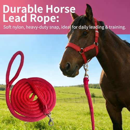 Double Braided Nylon Horse Lead Rope with Snap Hook, Black, 15 FT, Durable Lightweight (Red, 15FT) - color: Red, size: 15FT