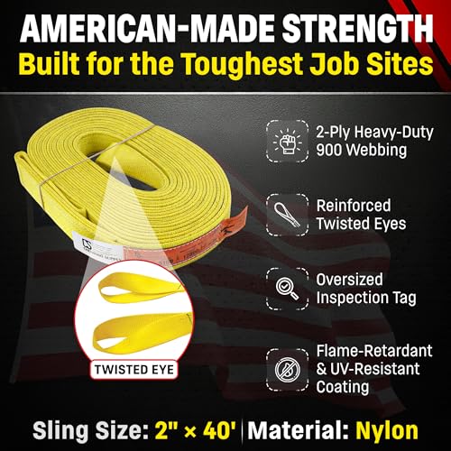 DD Sling 2" × 40' Nylon Lifting Sling – USA Made, 6,400 lb Vertical, 5,100 lb Choker, 12,800 lb Basket – 2-Ply Heavy Duty 900 Webbing, Type 4 Twisted Eye & Eye Rigging Sling - size: 2 in x 40 ft