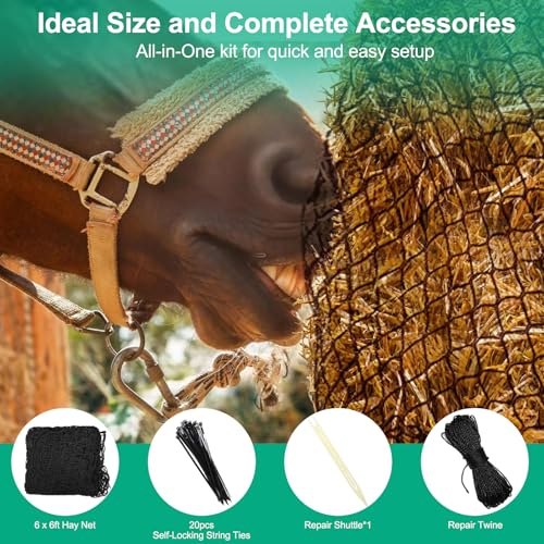 6x6 ft Square Bale Hay Net - Large Slow Feeder for Horses & Livestock, Knotless Design Slow Feeder Hay Nets, Fits 4x4ft 5x5ft 6x6ft Round & 3x3x8ft 4x4x8ft 5x5x8ft Square Bales (Black-Square) - color: Black-Square