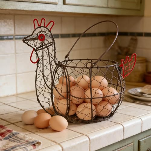 Chicken Egg Basket for Gatheirng Fresh Egg,Wire Egg basket | Rooster Shaped Egg Collection Basket,Metal Egg Collecting Basket with Handle, Farmhouse Countertop Decor Kitchen
