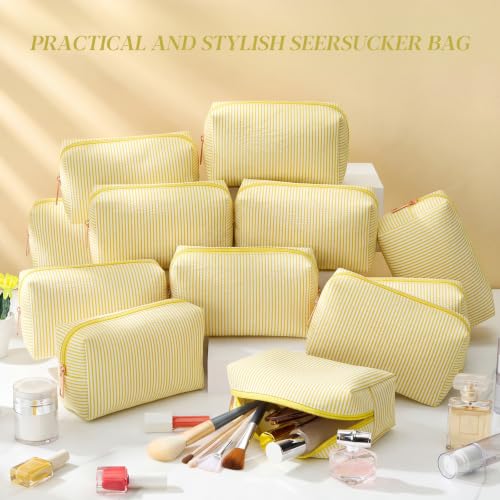 Sanwuta 20 Pcs Seersucker Cosmetic Bags Bulk, Striped Zippered,Yellow | Makeup Bags Women Pouch, Large Preppy Storage Toiletry Travel Pouch for Wedding Bridesmaid Bride Favor Back to Teacher Gift - color: Yellow