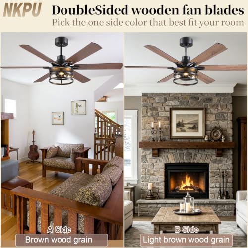 NKPU 52 Inch Farmhouse Ceiling Fan with Light and Remote, Brown Industrial Caged Rustic Ceiling Fan with 6 Speed - color: walnut