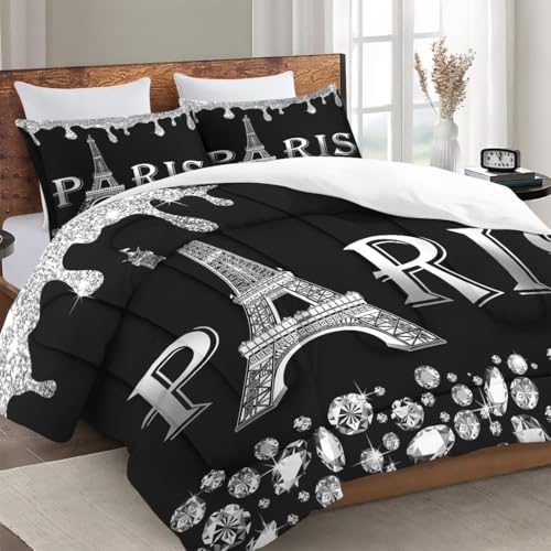 WeCozy Queen Comforter Set, 3 Pieces Silver Paris Bedding, All Season | Eiffel Tower Black France French City Soft Comforter with 2 Pillowcases for Kids and Adults Room Bedroom Bed Decor - color: Multi 11, size: Queen