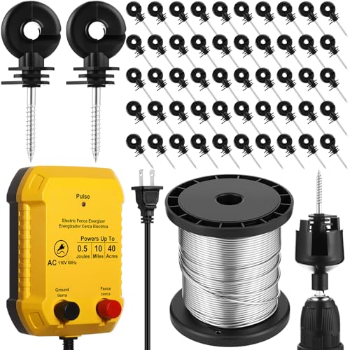 Electric Fence Charger Kit 10 Mile 0.5J 50 Insulators 250ft Wire | 110V Energizer for Poultry Pets Garden Protection, Aluminum Wire Socket Tool Black Insulators, Easy Farm Yard Setup - style: 0.5 Joule