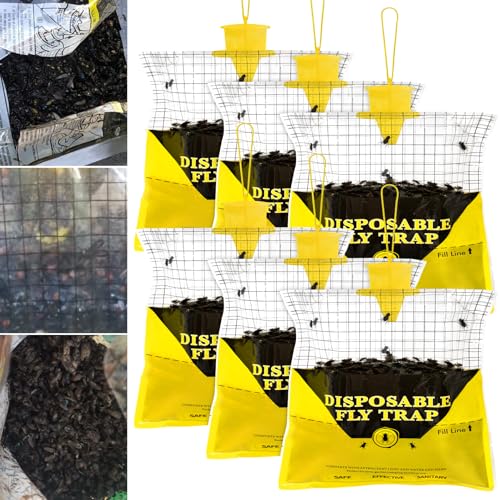6 Pack Outdoor Fly Trap Bags Hanging - 6 * 30g Bait, Durable, Effective | Bug Hunter Catcher Killer Repellent for Stable Horse Barn & Farm | Disposable | Easy to use | Large Capacity - size: 6 pack